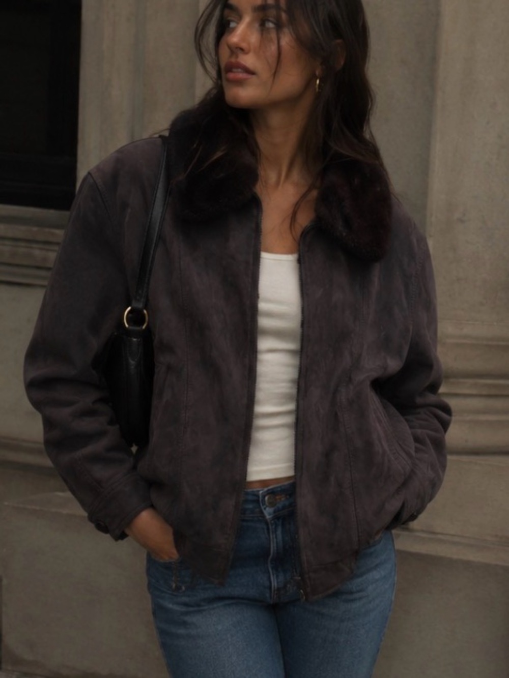 Vintage Y2K Brown Suede Bomber Jacket with Genuine Mink Fur Collar Unisex Size